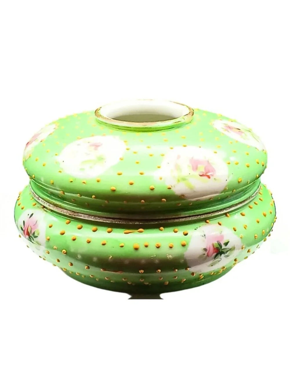 Antique Floral Porcelain Hair Receiver, Gilded Hand Painted Flowers and Moriage